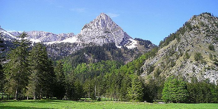 Bild von den Ammergauer Alpen mit grüner Wiese, Berg und blauer Himmel