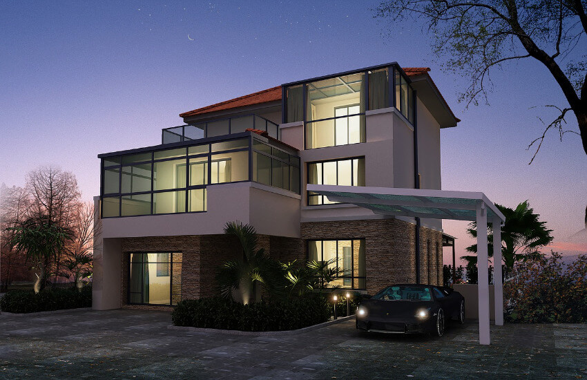 Eine Villa mit großen Glasfenstern und einem Carport, wo ein Sportwagen parkt.