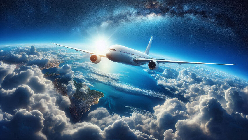 Bild von einem Flugzeug, welches über den Wolken fliegt mit Blick auf die Erde