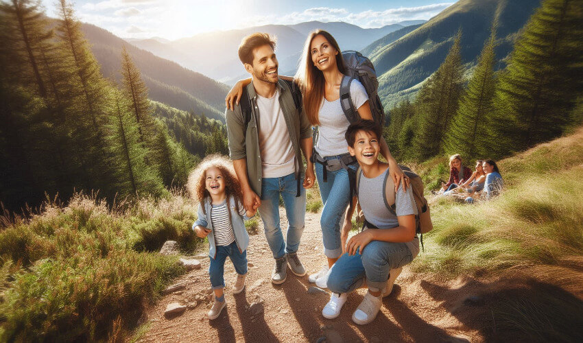 Eine Familie mit zwei Kindern bei einer Wanderung in den Bergen.